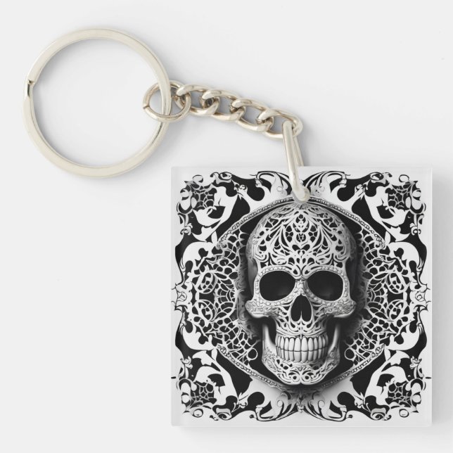 Black & White Smiling Lace Skull Keychain (Front)