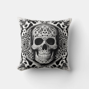 Black & White Smiling Lace Skull Throw Pillow