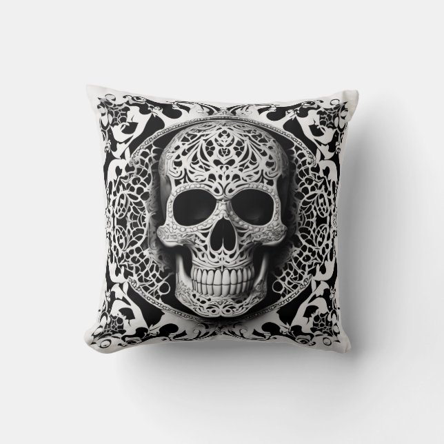 Black & White Smiling Lace Skull Throw Pillow (Front)