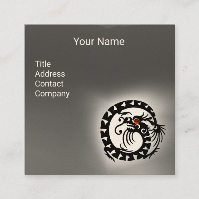 BLACK WHITE SNAKE DRAGON RED RUBY Grey Gemstone Square Business Card (Front)