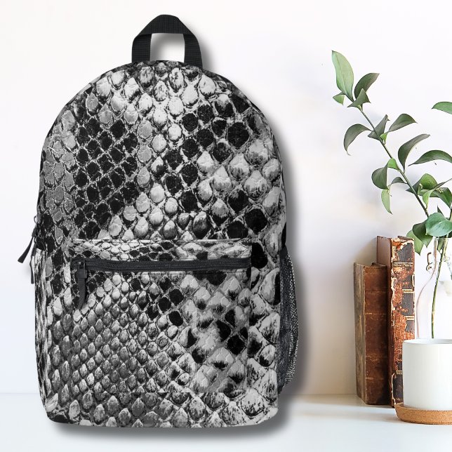 Black White Snake Printed Backpack (Black White Reptile Animal Snake Skin Pattern Printed Backpack)