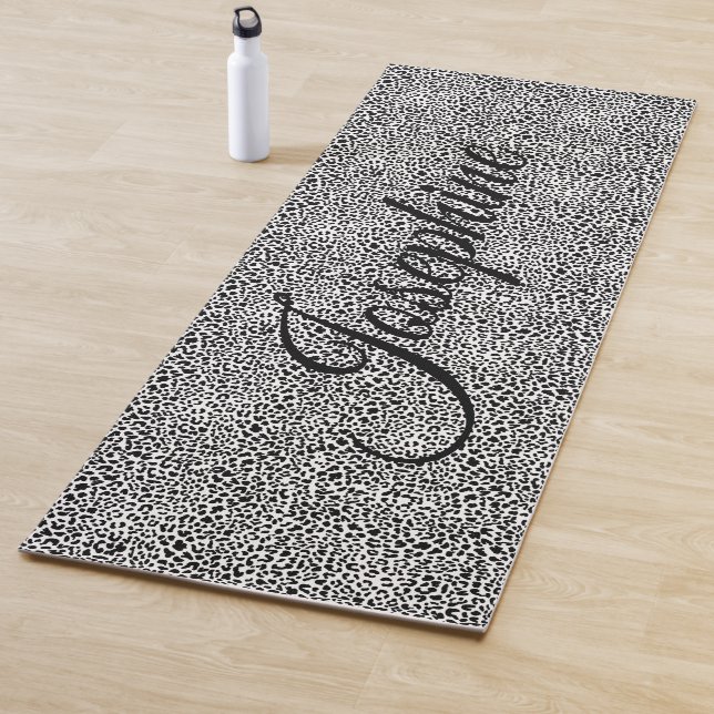 Black & white snow leopard wild animal print yoga mat (In Situ)
