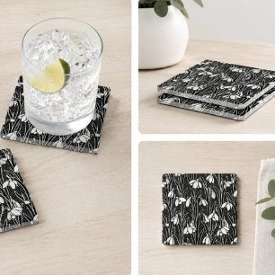 Black & White Snowdrop Pattern Glass Coaster