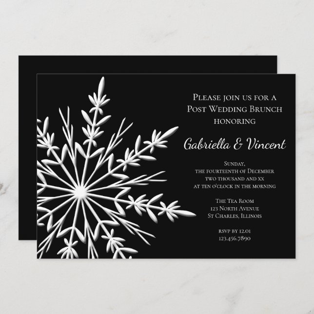 Black White Snowflake Winter Post Wedding Brunch Invitation (Front/Back)