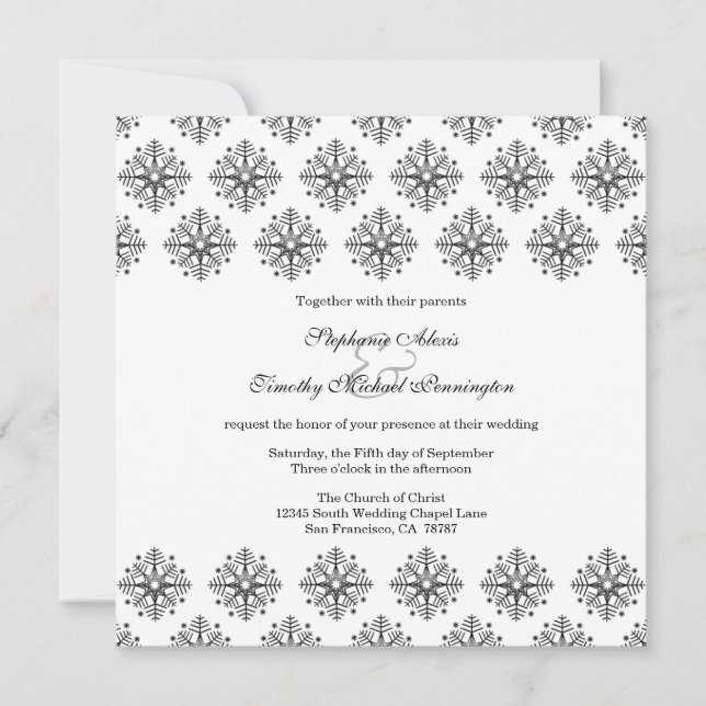 Black + white snowflakes winter wedding invitation (Front)
