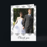 Black   white snowflakes winter wedding thank you<br><div class="desc">This stylish chic photo wedding thank you folded card has an elegant white background with a black snowflakes damask design on the top. At the top, you can easily customize the photograph. On the inside, you can personalize the message or delete it and hand write in your message at home....</div>