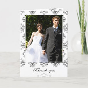 Black + white snowflakes winter wedding thank you card