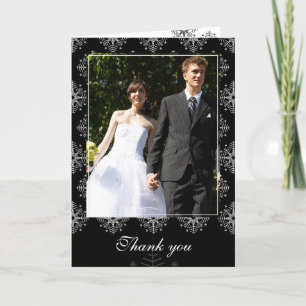 Black + white snowflakes winter wedding thank you card