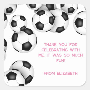 black white soccer balls kids birthday party square sticker