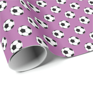 Black/White Soccer Balls on Radiant Orchid Wrapping Paper