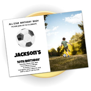 Black White Soccer Birthday Invitations with photo