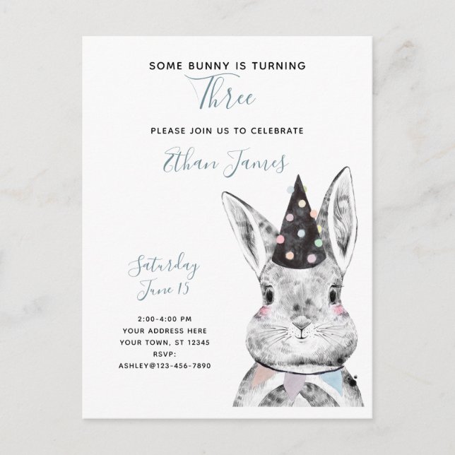Black & White Some Bunny is Turning Three Birthday Invitation Postcard (Front)