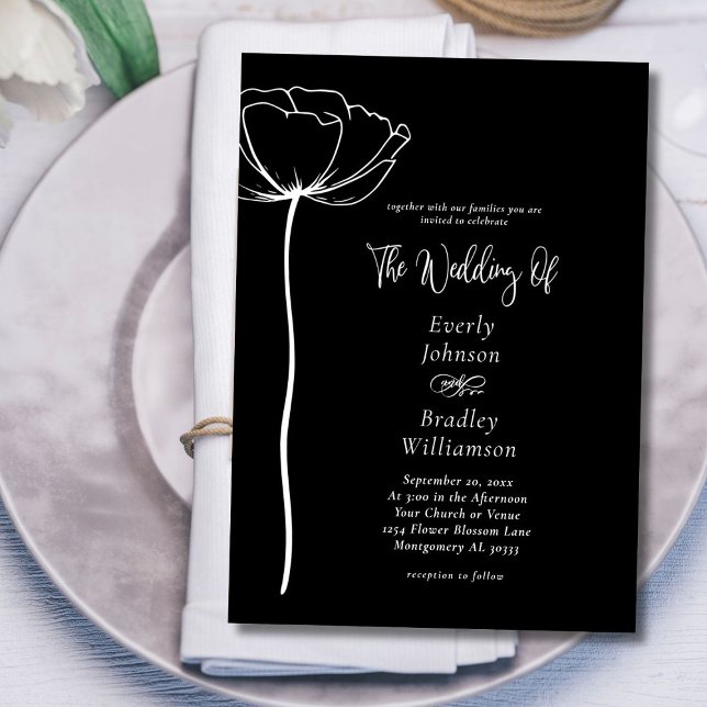 Black White Sophisticated Elegant Floral Wedding  Invitation (Creator Uploaded)