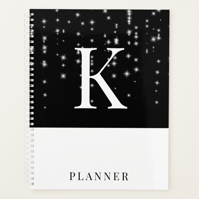 Black & White Sparkle Modern Glam Monogram Planner (Front)