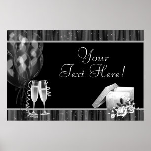 Black White Sparkles Champagne Party Banner Poster