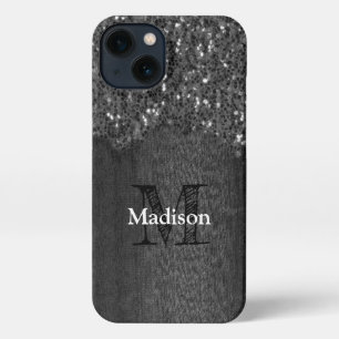 Black white sparkles rustic wood Monogram iPhone 13 Case