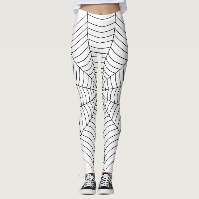 Black white spider web Halloween pattern Leggings (Front)