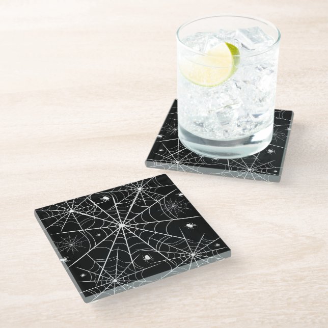 Black White Spider Web Pattern Gothic Spooky Glass Coaster (Angled)