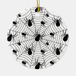 Black White spiders spiderweb Halloween pattern Ceramic Ornament