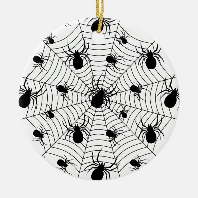 Black White spiders spiderweb Halloween pattern Ceramic Ornament (Front)