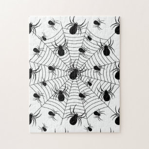 Black White spiders spiderweb Halloween pattern Jigsaw Puzzle