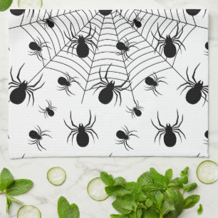 Black White spiders spiderweb Halloween pattern Kitchen Towel