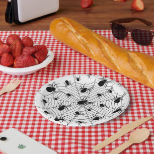 Black White spiders spiderweb Halloween pattern Paper Plate