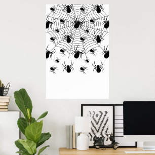 Black White spiders spiderweb Halloween pattern Poster