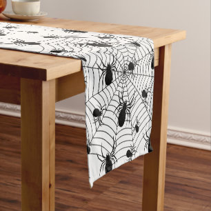Black White spiders spiderweb Halloween pattern Short Table Runner