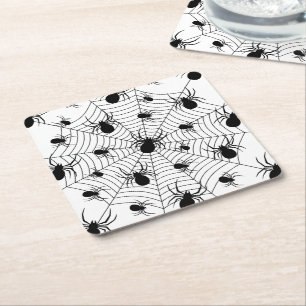 Black White spiders spiderweb Halloween pattern Square Paper Coaster