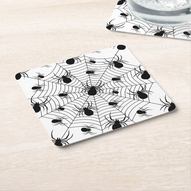 Black White spiders spiderweb Halloween pattern Square Paper Coaster (Angled)