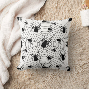 Black White spiders spiderweb Halloween pattern Throw Pillow