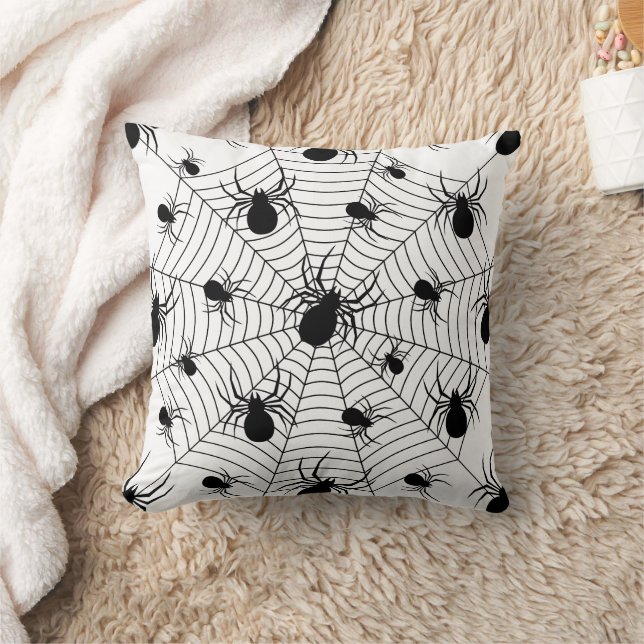 Black White spiders spiderweb Halloween pattern Throw Pillow (Blanket)