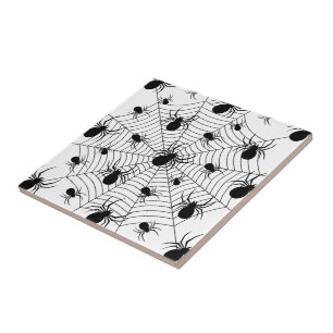 Black White spiders spiderweb Halloween pattern Tile