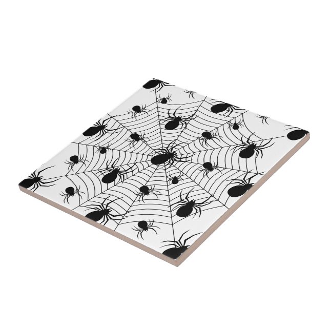 Black White spiders spiderweb Halloween pattern Tile (Side)