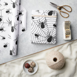 Black White spiders spiderweb Halloween pattern Wrapping Paper
