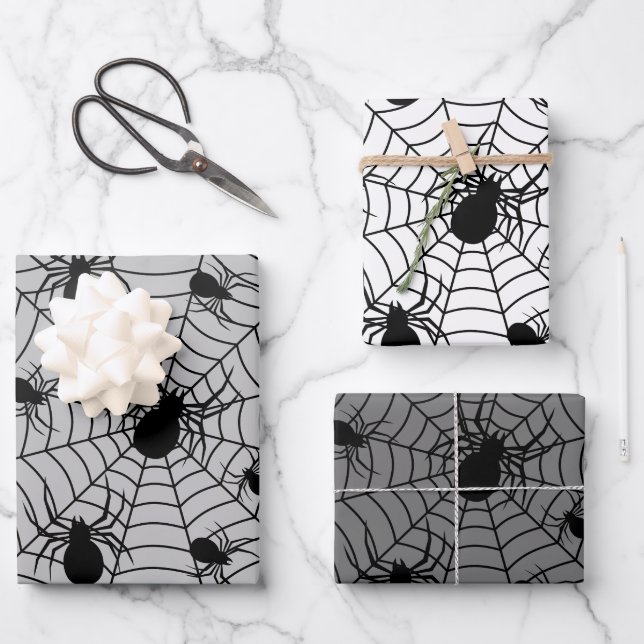 Black White spiders spiderweb Halloween pattern Wrapping Paper Sheet (Front)