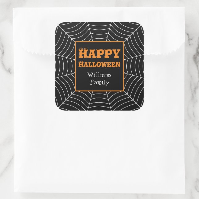 Black White spiderweb Halloween pattern Your name Square Sticker (Bag)