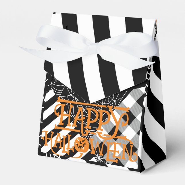 Black & White Spiderweb Patchwork Halloween Party Favor Box (Front Side)