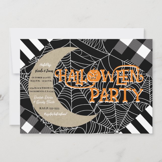 Black & White Spiderweb Patchwork Halloween Party Invitation (Front)