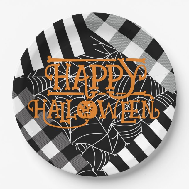 Black & White Spiderweb Patchwork Halloween Party Paper Plate (Front)