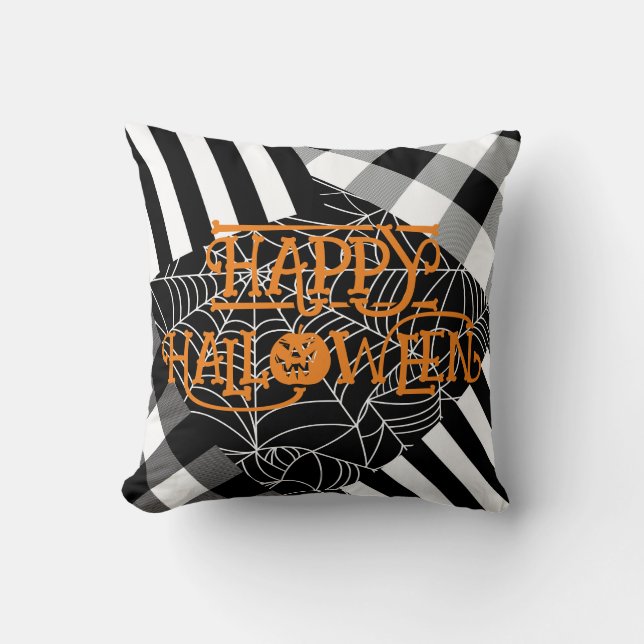 Black & White Spiderweb Patchwork Halloween  Throw Pillow (Front)