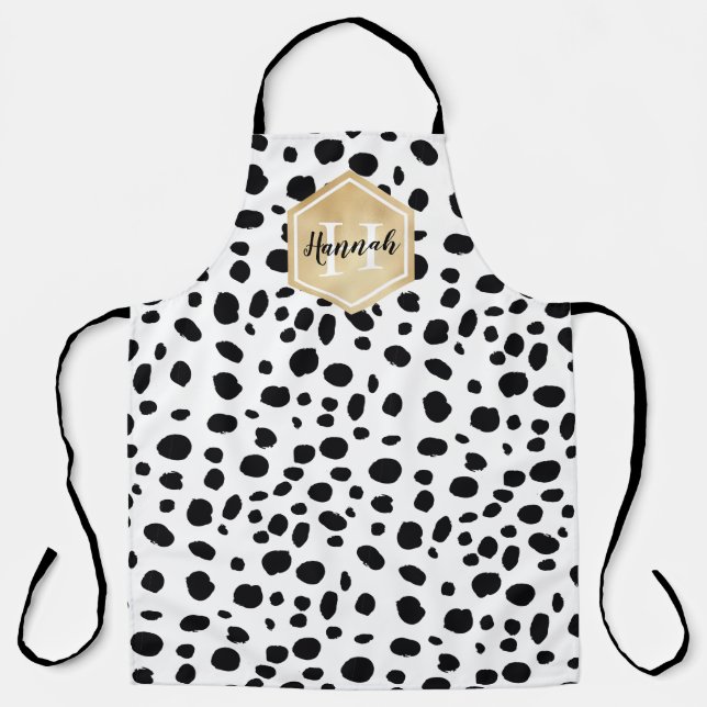 Black White Spots Pattern Gold Monogram Apron (Front)