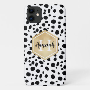Black White Spots Pattern Gold Monogram iPhone 11 Case