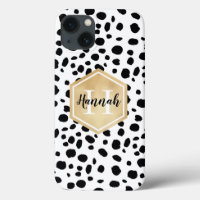 Black White Spots Pattern Gold Monogram