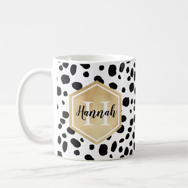 Black White Spots Pattern Gold Monogram Coffee Mug (Left)
