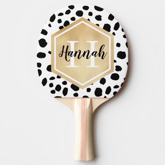 Black White Spots Pattern Gold Monogram Ping Pong Paddle (Front)