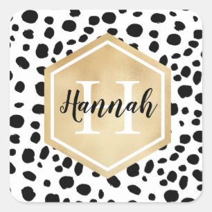 Black White Spots Pattern Gold Monogram Square Sticker