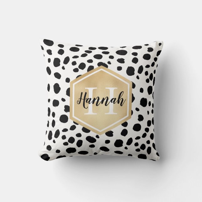 Black White Spots Pattern Gold Monogram Throw Pillow (Front)