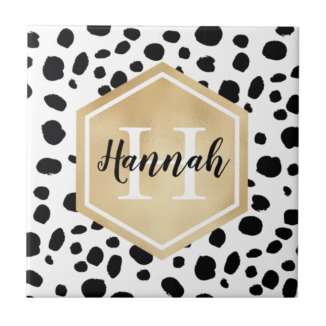 Black White Spots Pattern Gold Monogram Tile (Front)